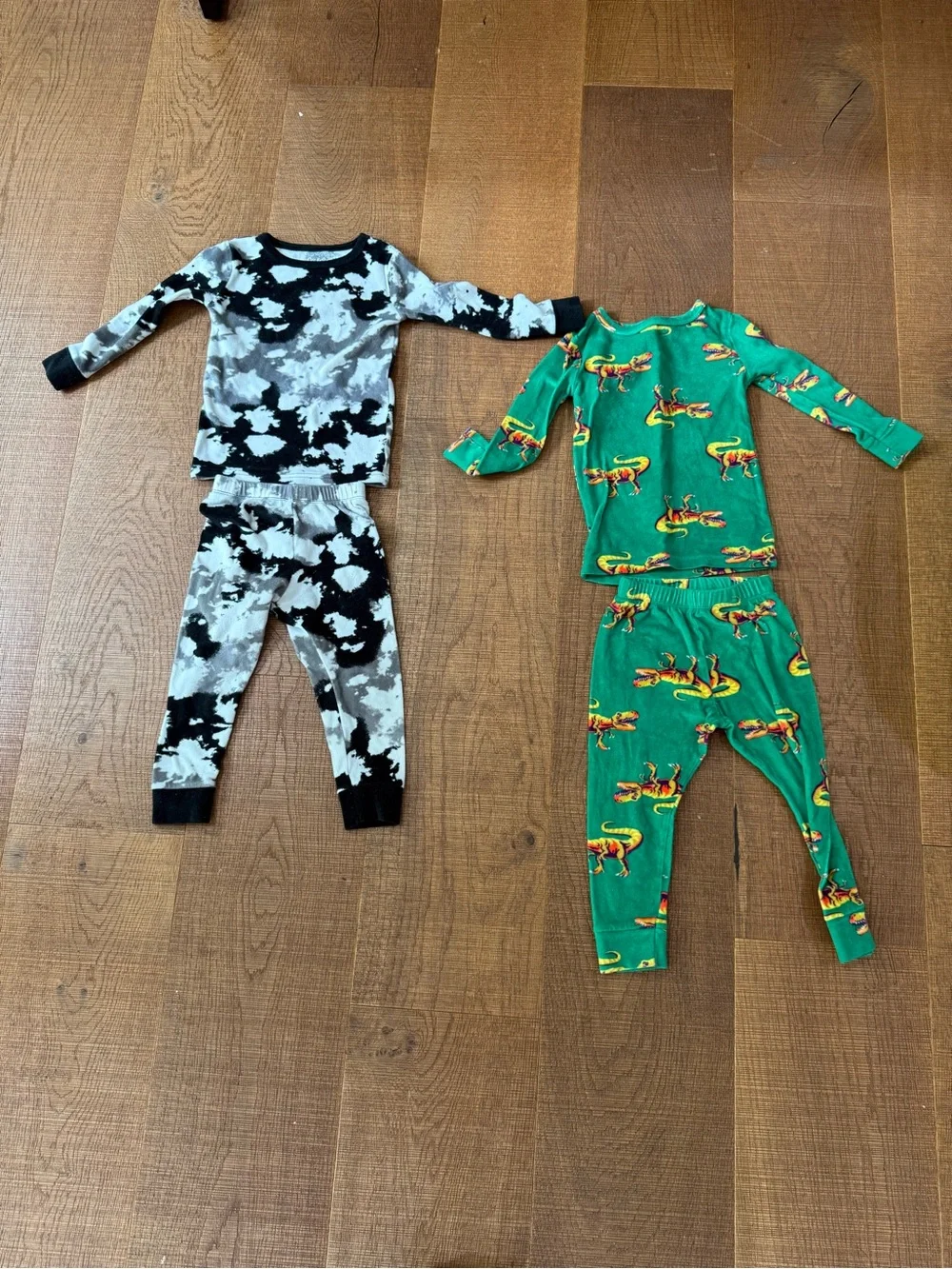 Kids Two-Piece Pajama Sets - 2-Set Bundle: Black & Gray Camo + Green Dino Print